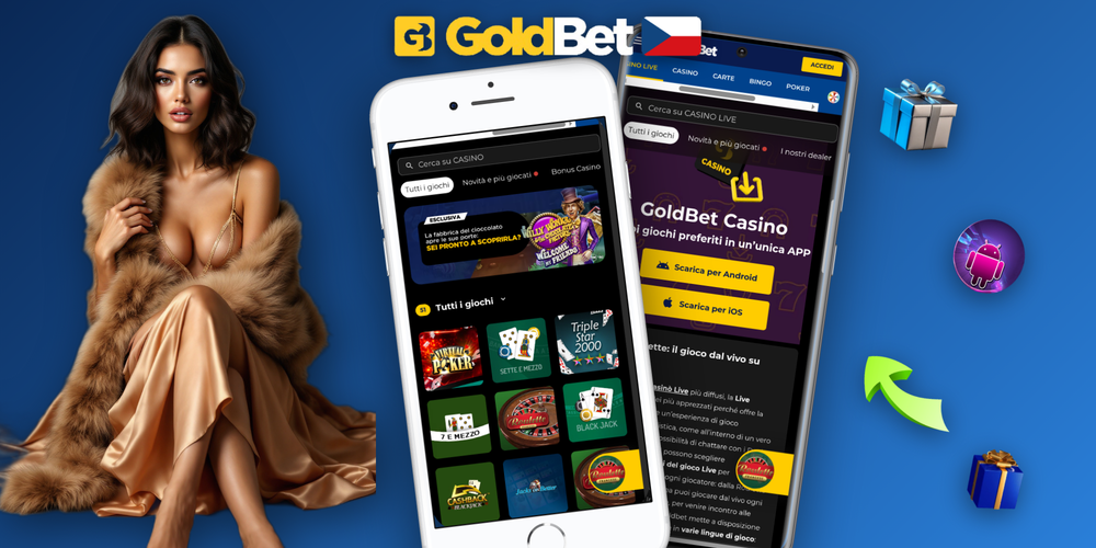 Goldbet Casino apps – mockup tří obrazovek se sloty, domovskou stránkou a sázkovým kupónem